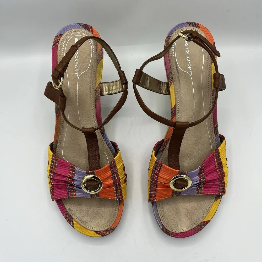 Rockport Womens Wedge Sandal Espadrile T-Strap Open Toe Leather Fabric 9 Striped